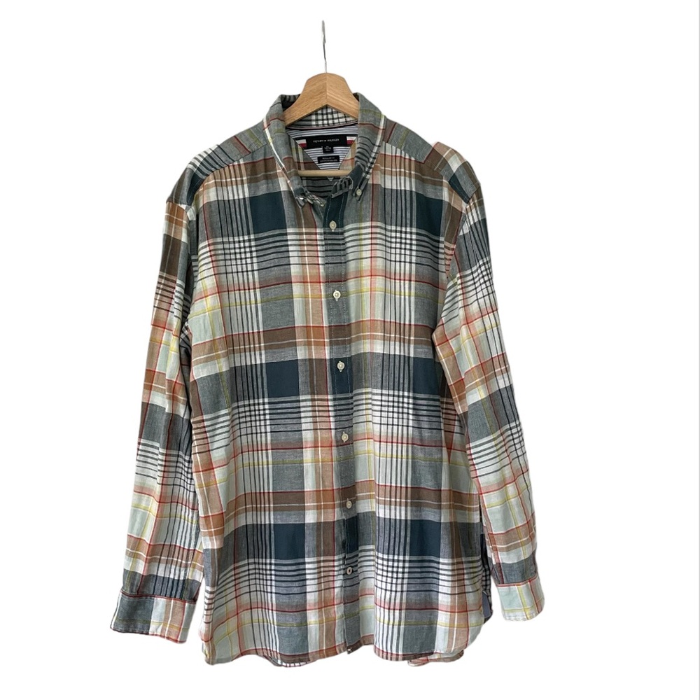 SOLD * Tommy Hilfiger Mens Linen Blend Long Sleeve Plaid Shirt Size XL